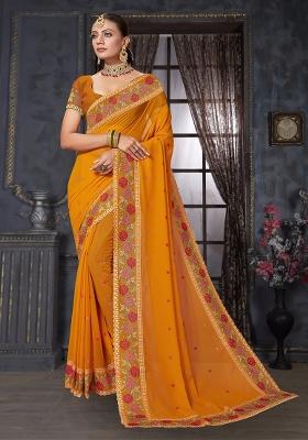 Mustard Sequin Work Georgette Saree Set