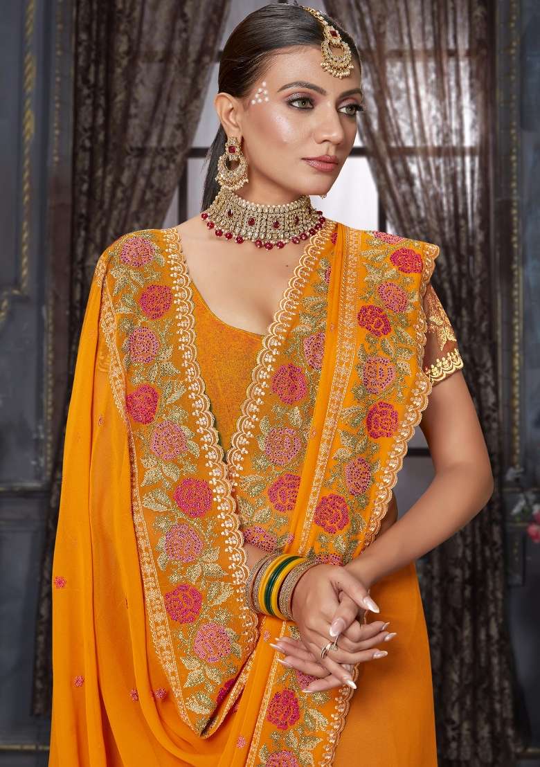 Mustard Work Georgette Saree Set with Sequin for Diwali | Wedding & Festive Wear - Indya