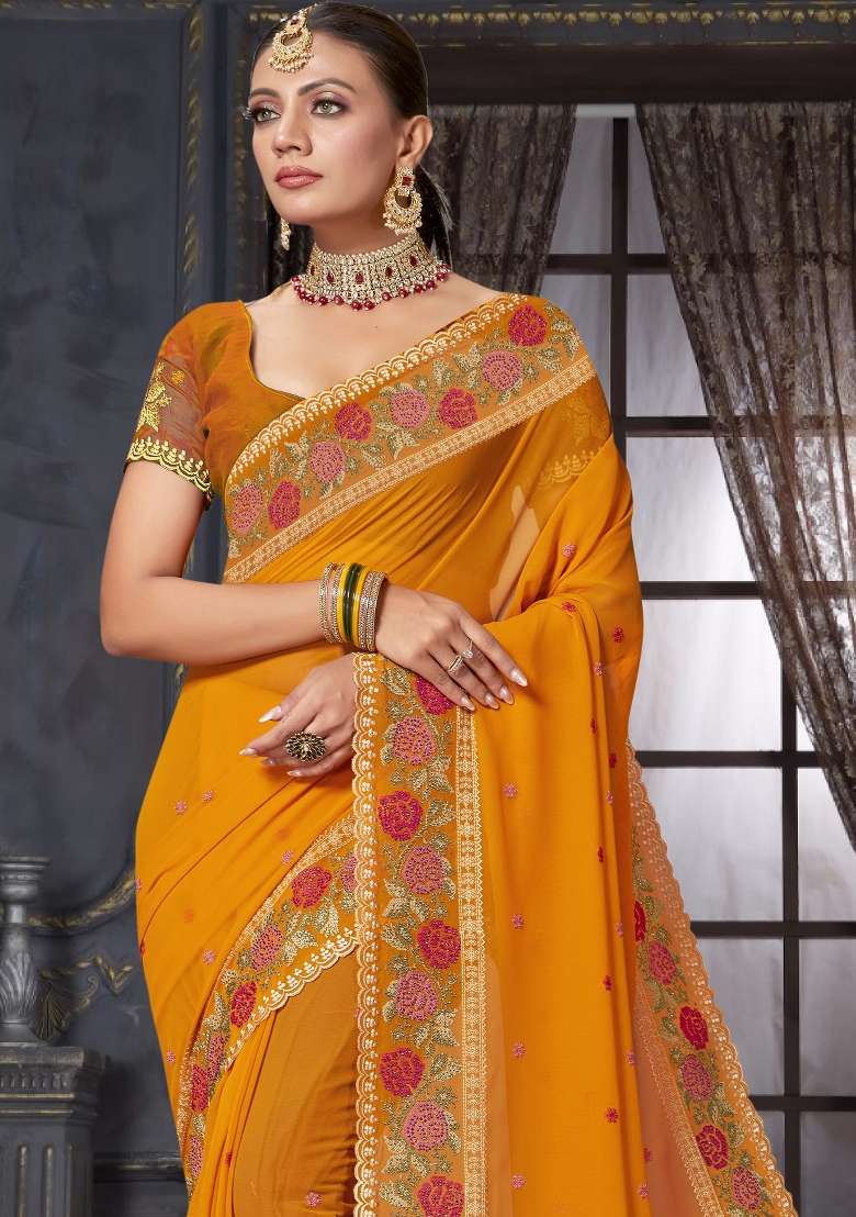 Mustard Work Georgette Saree Set with Sequin for Diwali | Wedding & Festive Wear - Indya