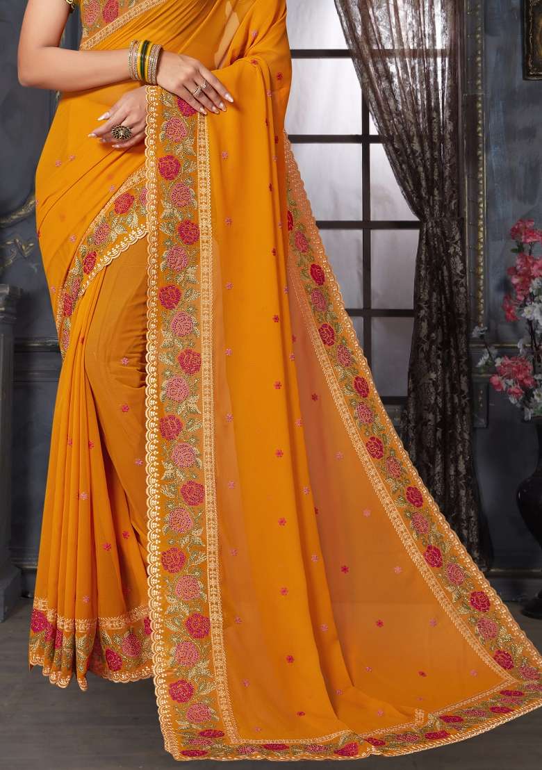 Mustard Work Georgette Saree Set with Sequin for Diwali | Wedding & Festive Wear - Indya