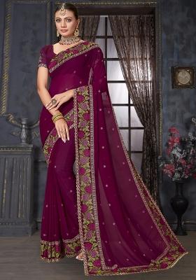 Wine Sequin Work Georgette Saree Set