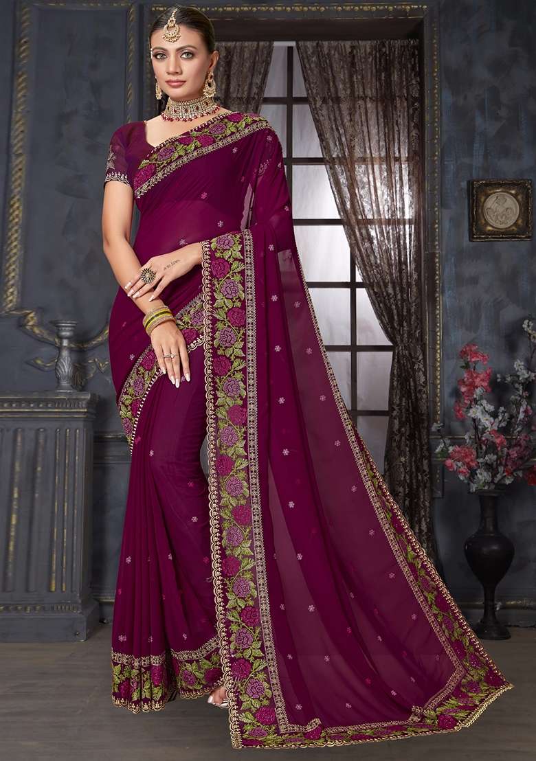 Wine Sequin Work Georgette Saree Set for Diwali and Festive Wear - Indya