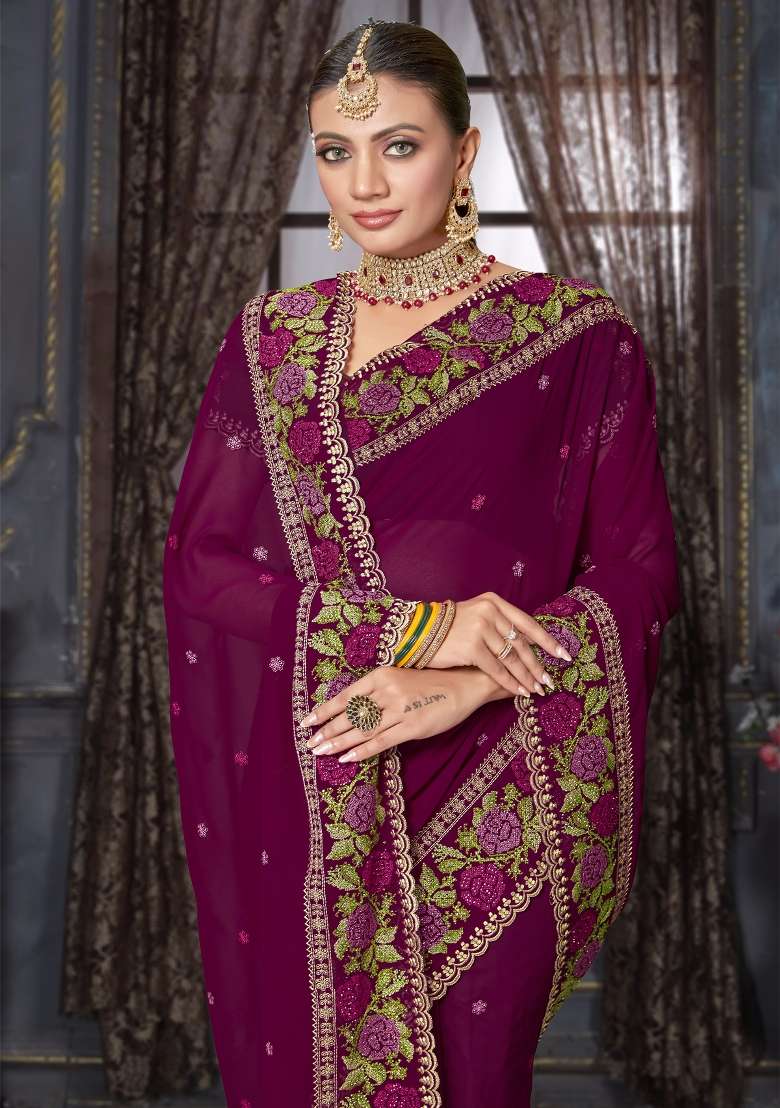 Wine Sequin Work Georgette Saree Set for Diwali and Festive Wear - Indya