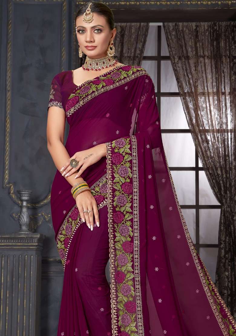 Wine Sequin Work Georgette Saree Set for Diwali and Festive Wear - Indya