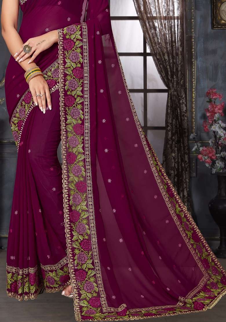 Wine Sequin Work Georgette Saree Set for Diwali and Festive Wear - Indya