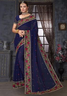 Navy Blue Sequin Work Georgette Saree Set