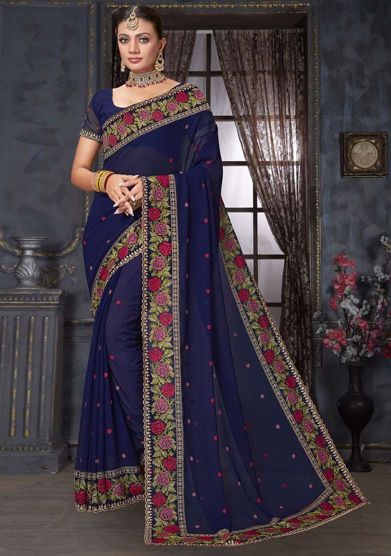 Navy Blue Sequin Work Georgette Saree Set for Diwali and Festive Wear - Indya