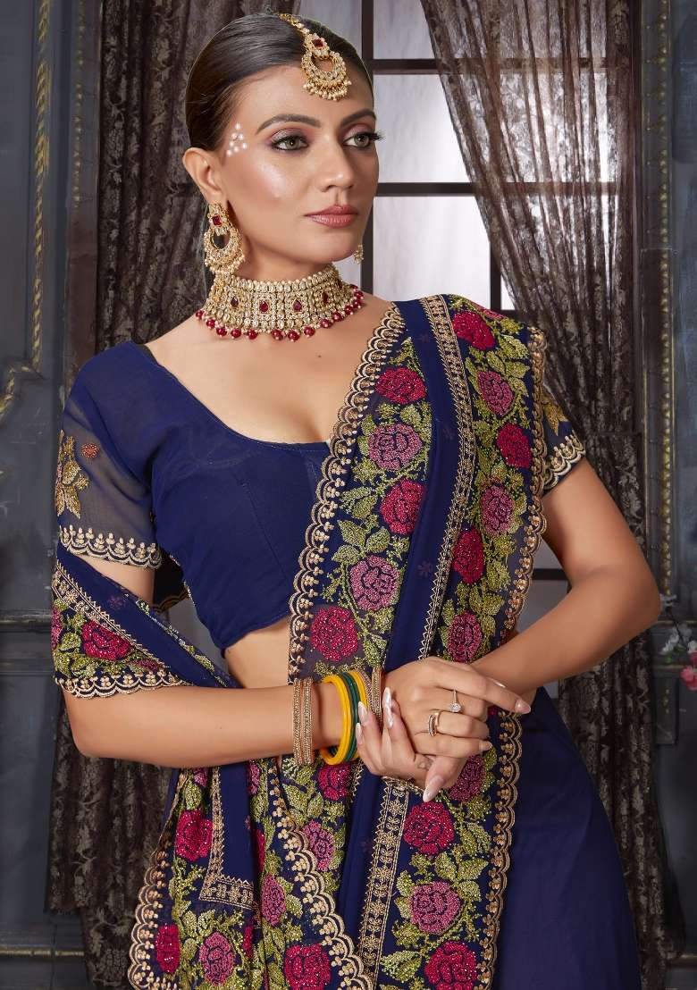 Navy Blue Sequin Work Georgette Saree Set for Diwali and Festive Wear - Indya