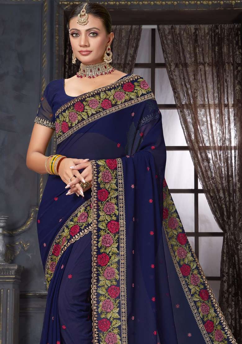 Navy Blue Sequin Work Georgette Saree Set for Diwali and Festive Wear - Indya