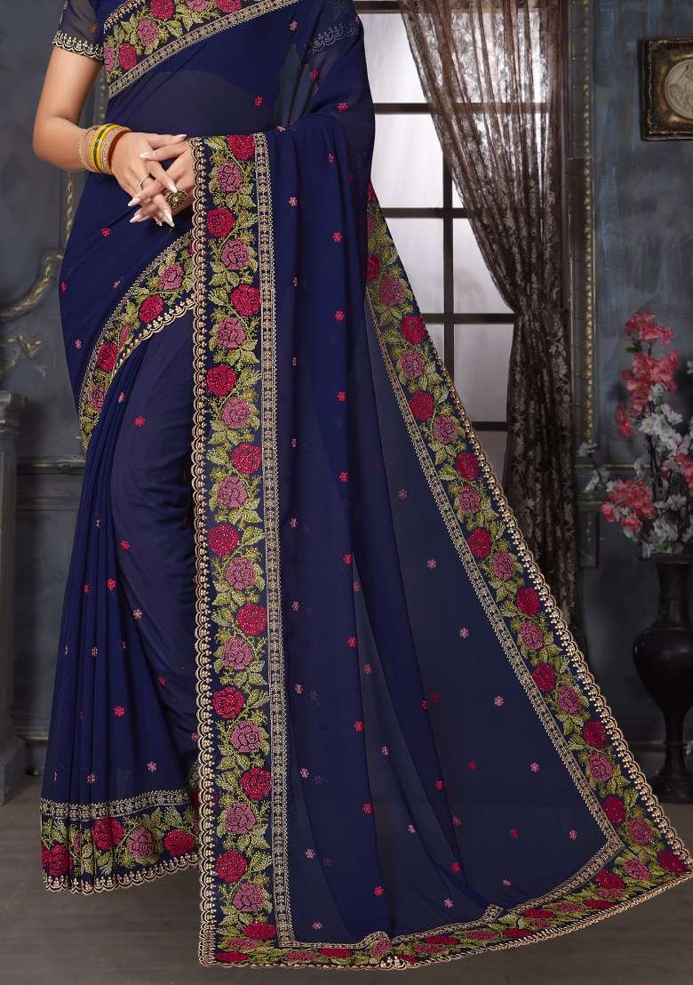 Navy Blue Sequin Work Georgette Saree Set for Diwali and Festive Wear - Indya