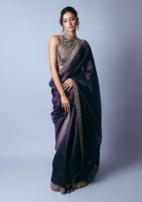 Violet Embroidered Silk Saree Set