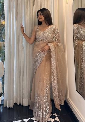 Brown Embroidered Net Saree Set