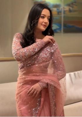 Orange Embroidered Net Saree Set