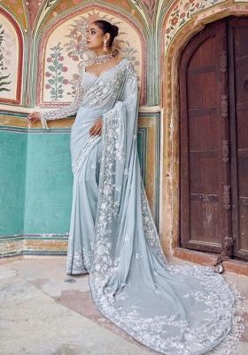 Blue Embroidered Georgette Saree Set