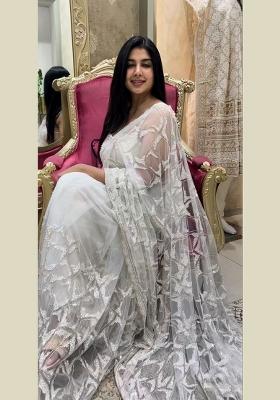 White Embroidered Net Saree Set