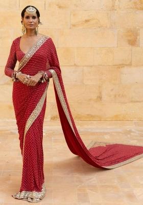 Red Embroidered Georgette Saree Set