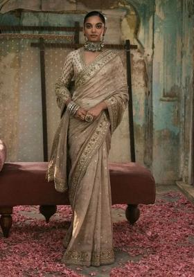 Beige Embroidered Gold Crush Saree Set