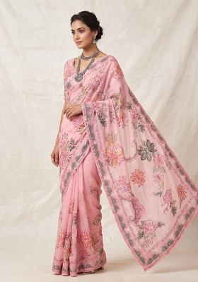 Pink Embroidered Silk Saree Set