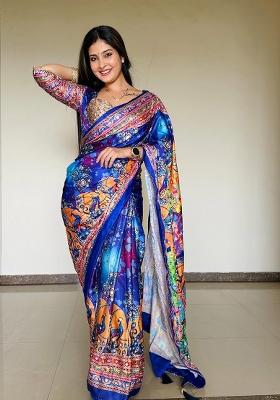 Blue Embroidered Chinon Saree Set