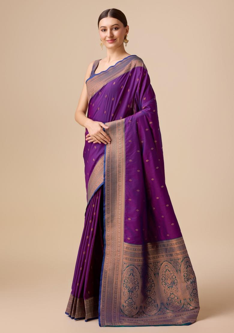 Wine Woven Silk Saree Set - Indya