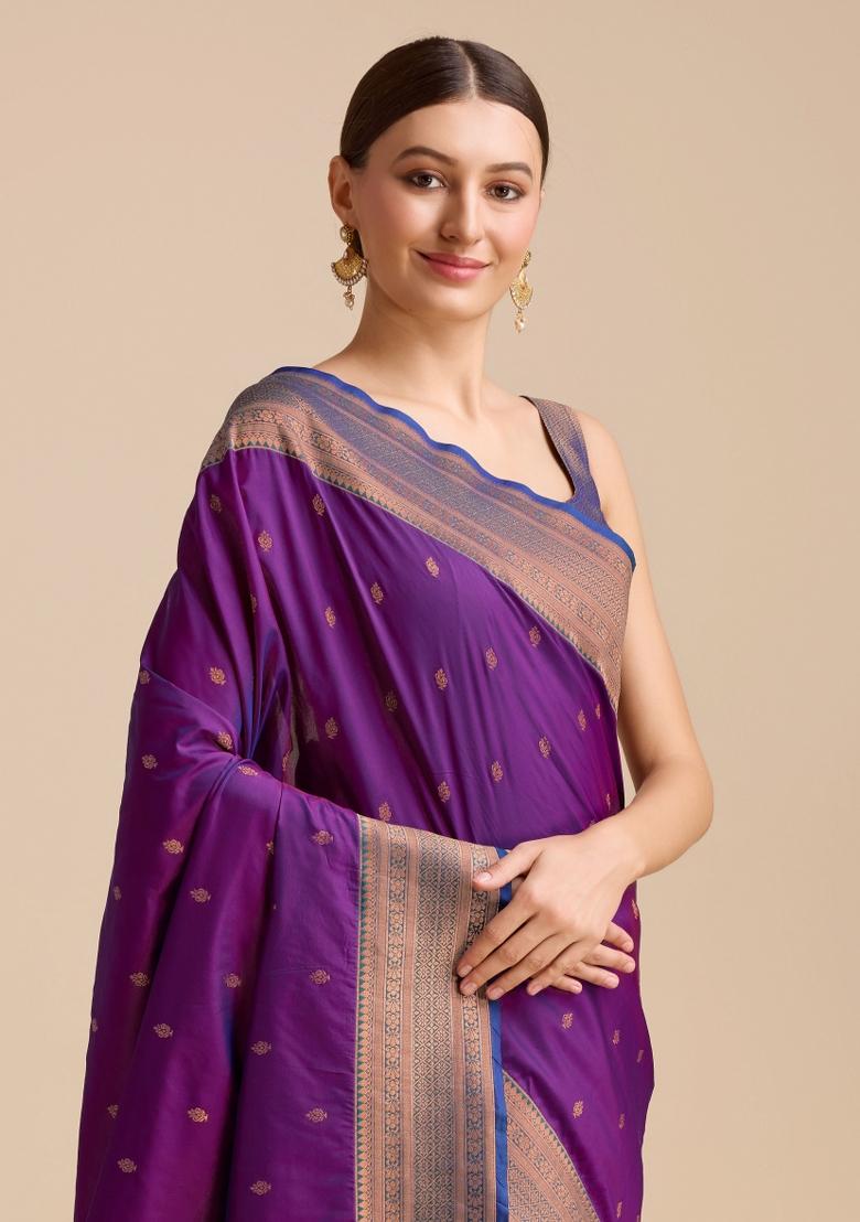 Wine Woven Silk Saree Set - Indya