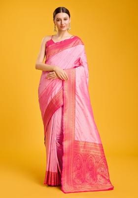 Pink Woven Silk Saree Set
