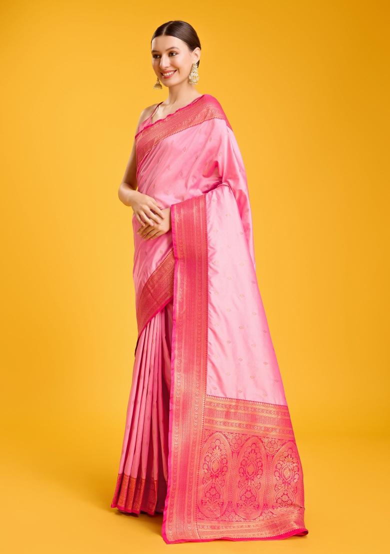 Pink Woven Silk Saree Set - Indya