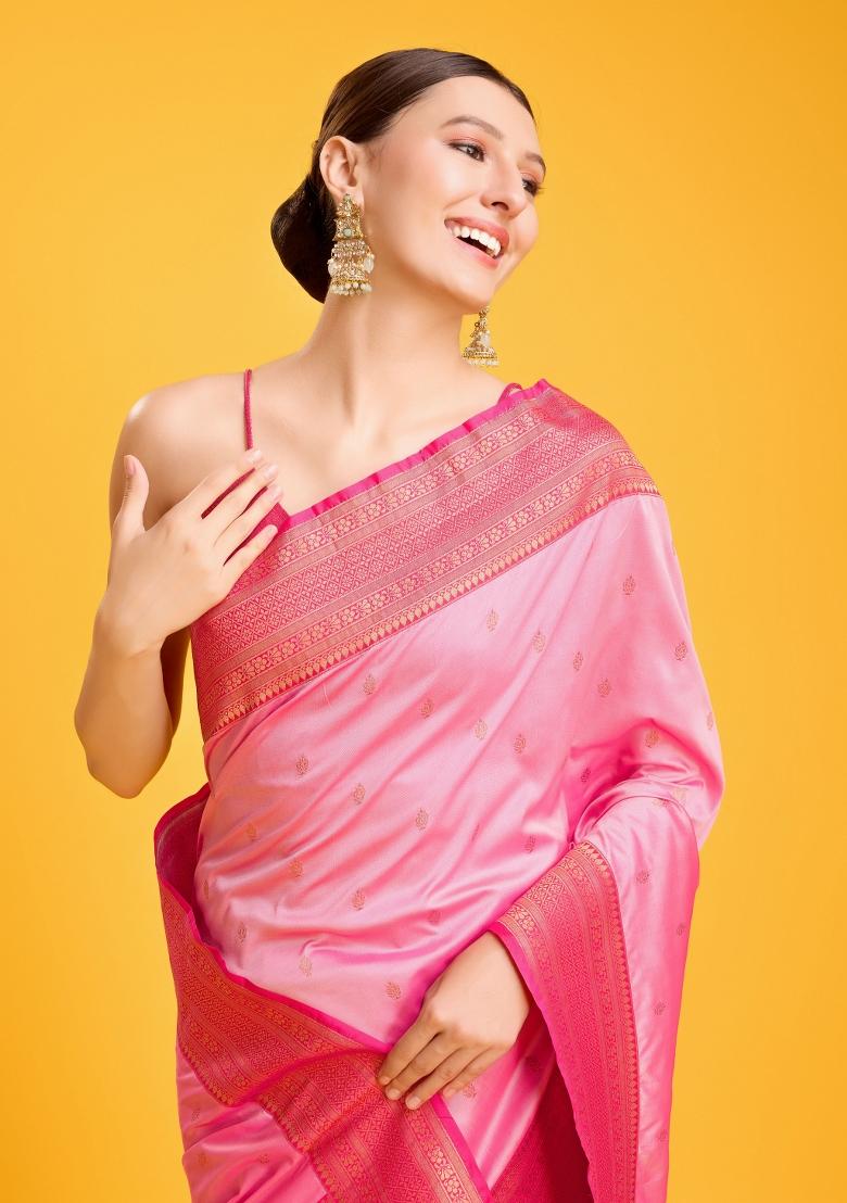 Pink Woven Silk Saree Set - Indya
