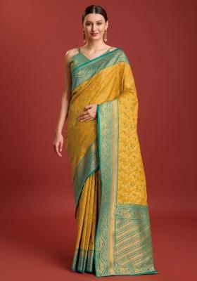 Dark Yellow Woven Silk Saree Set
