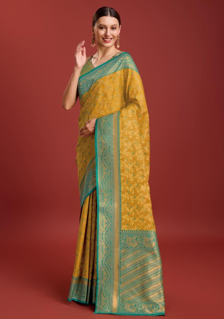 Dark Yellow Woven Silk Saree Set - Indya