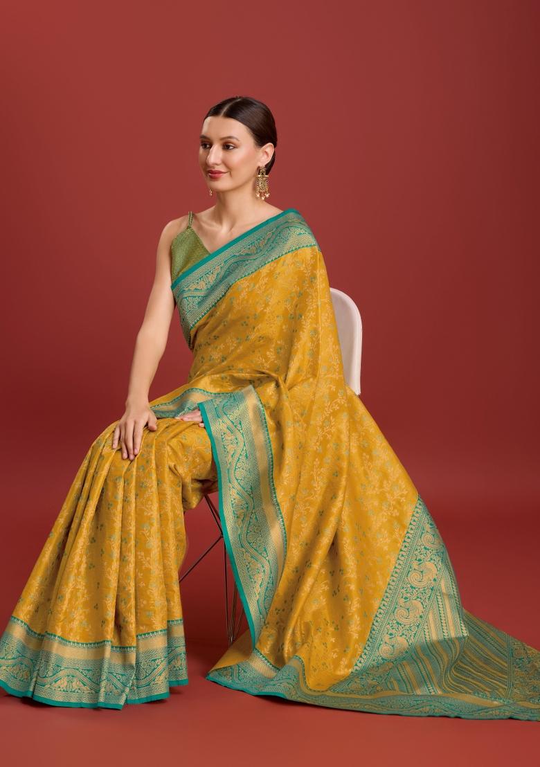 Dark Yellow Woven Silk Saree Set - Indya
