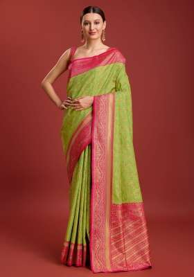 Parrot Green Woven Silk Saree Set