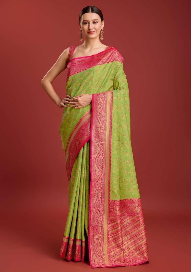 Parrot Green Woven Silk Saree Set for Diwali and Festive Wear - Indya