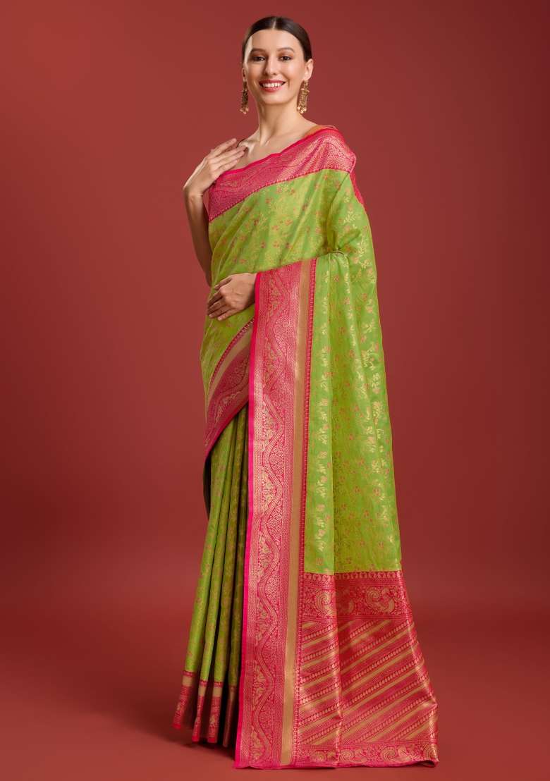 Parrot Green Woven Silk Saree Set for Diwali and Festive Wear - Indya