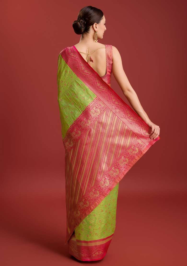 Parrot Green Woven Silk Saree Set for Diwali and Festive Wear - Indya