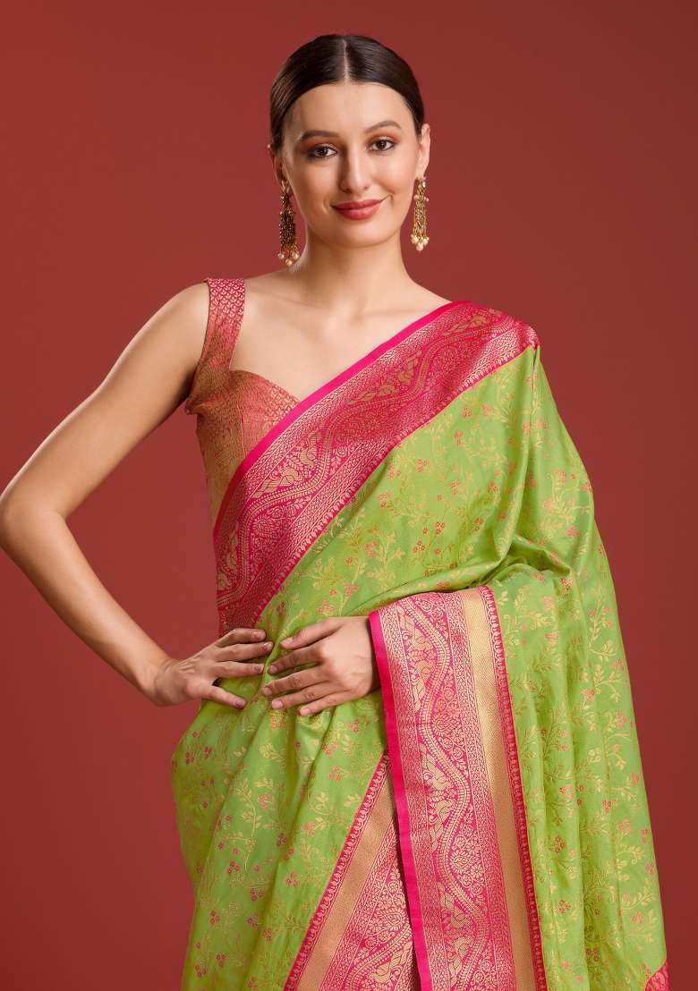 Parrot Green Woven Silk Saree Set for Diwali and Festive Wear - Indya