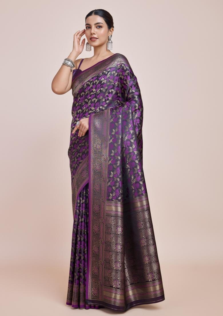 Wine Woven Silk Saree Set - Indya