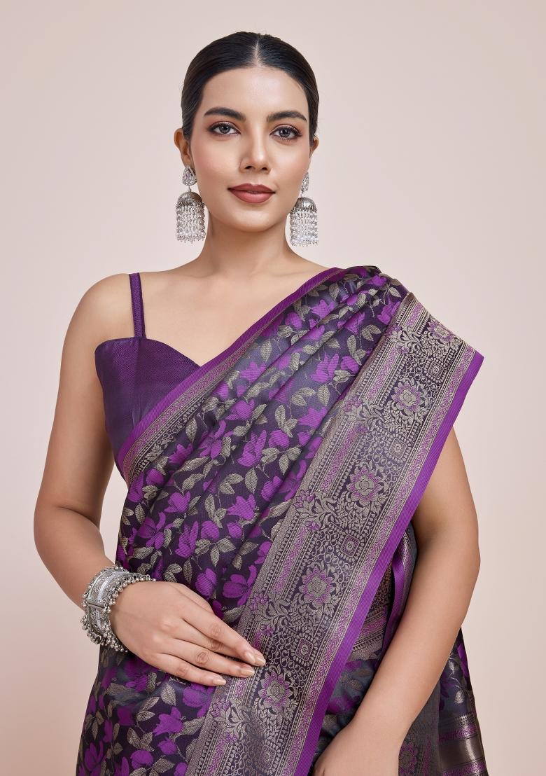 Wine Woven Silk Saree Set - Indya