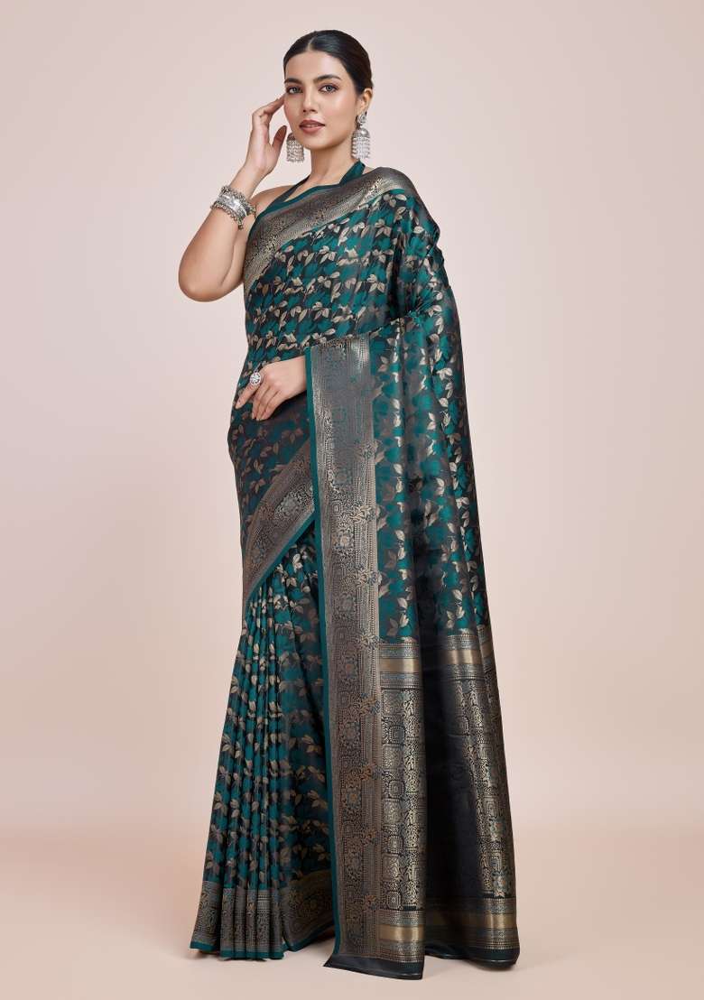 Turquoise Woven Silk Saree Set for Diwali and Festive Wear - Indya