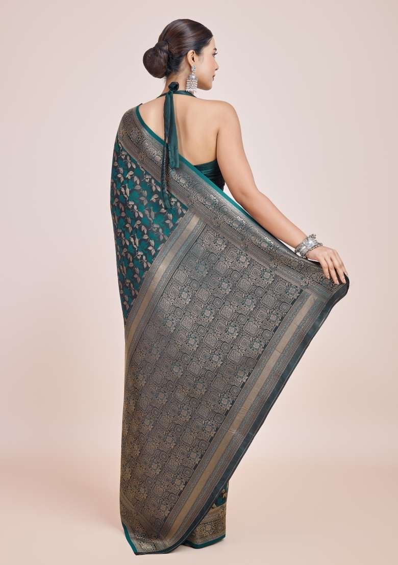 Turquoise Woven Silk Saree Set for Diwali and Festive Wear - Indya