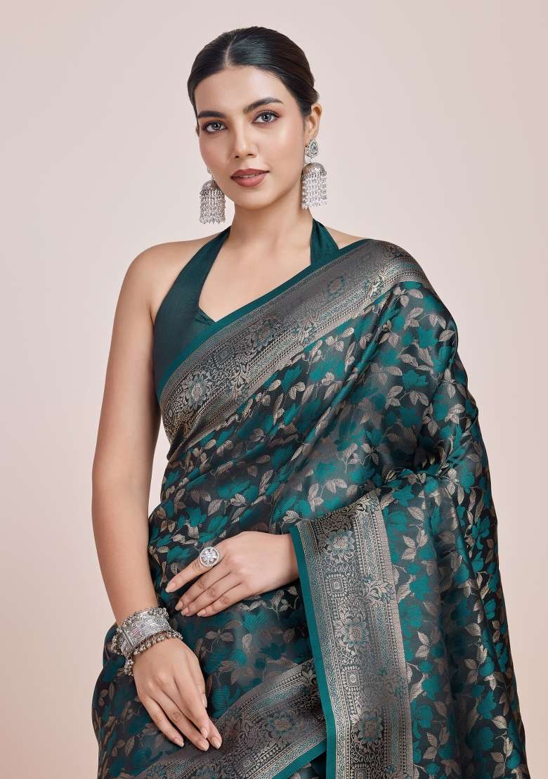 Turquoise Woven Silk Saree Set for Diwali and Festive Wear - Indya