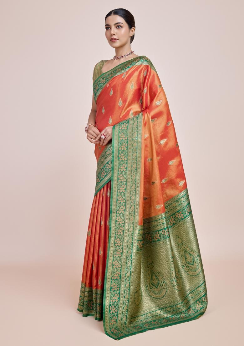 Orange Woven Silk Saree Set - Indya