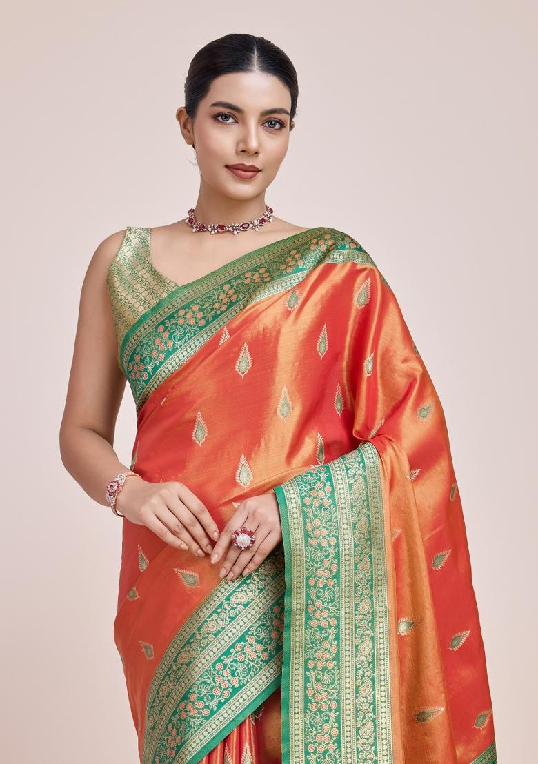 Orange Woven Silk Saree Set - Indya
