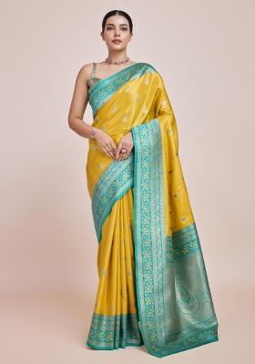 Yellow Woven Silk Saree Set