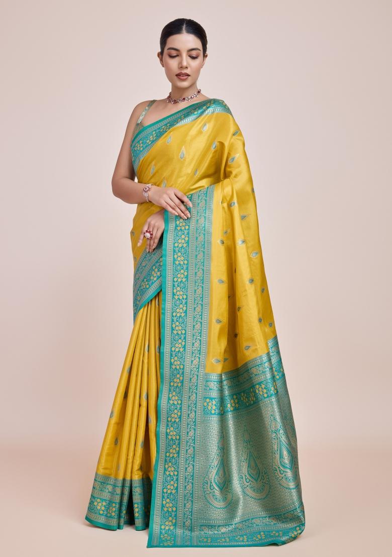 Yellow Woven Silk Saree Set - Indya