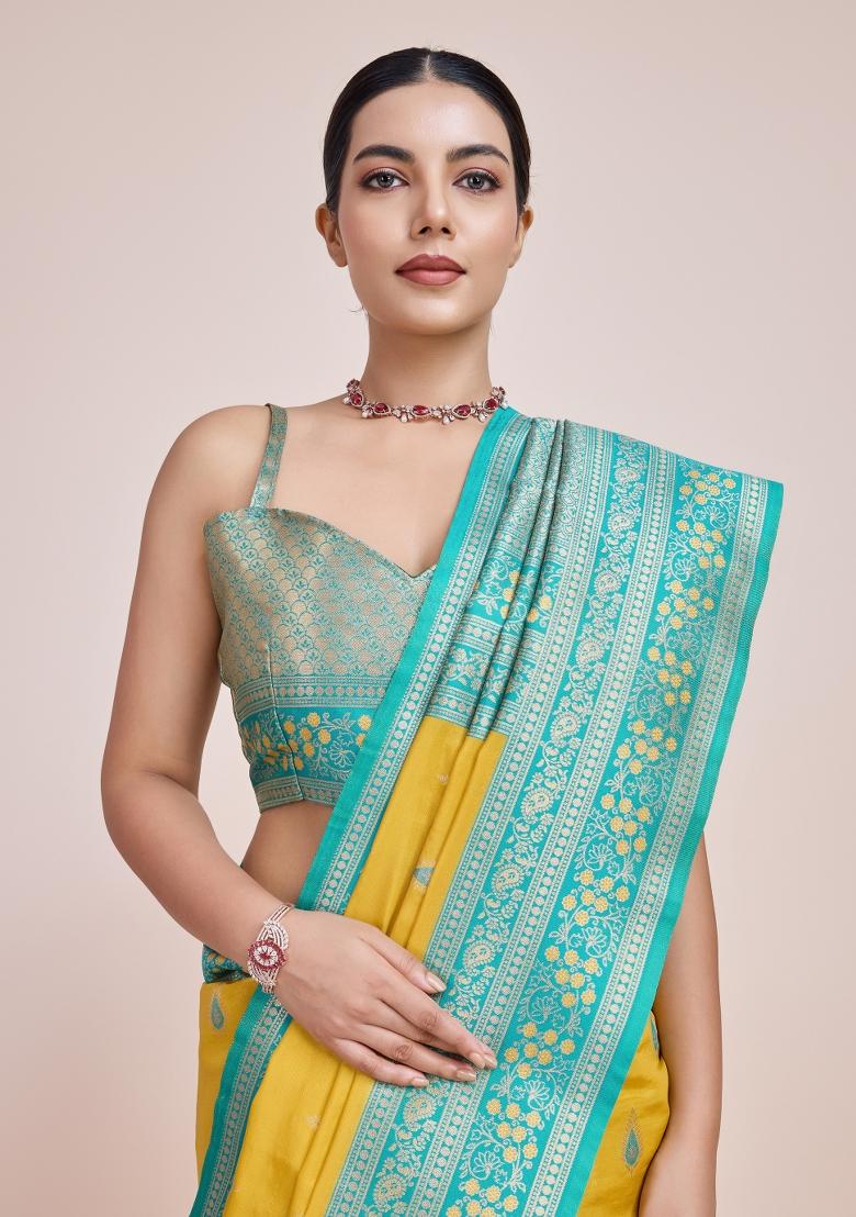 Yellow Woven Silk Saree Set - Indya