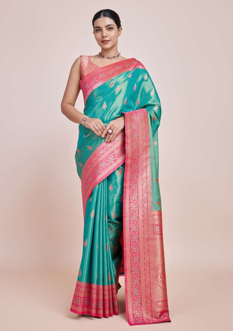 Turquoise Woven Silk Saree Set for Diwali | Wedding & Festive Wear - Indya