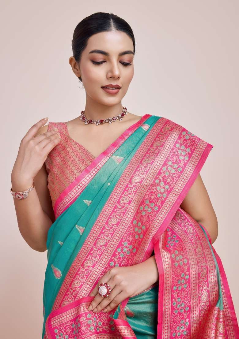 Turquoise Woven Silk Saree Set for Diwali | Wedding & Festive Wear - Indya