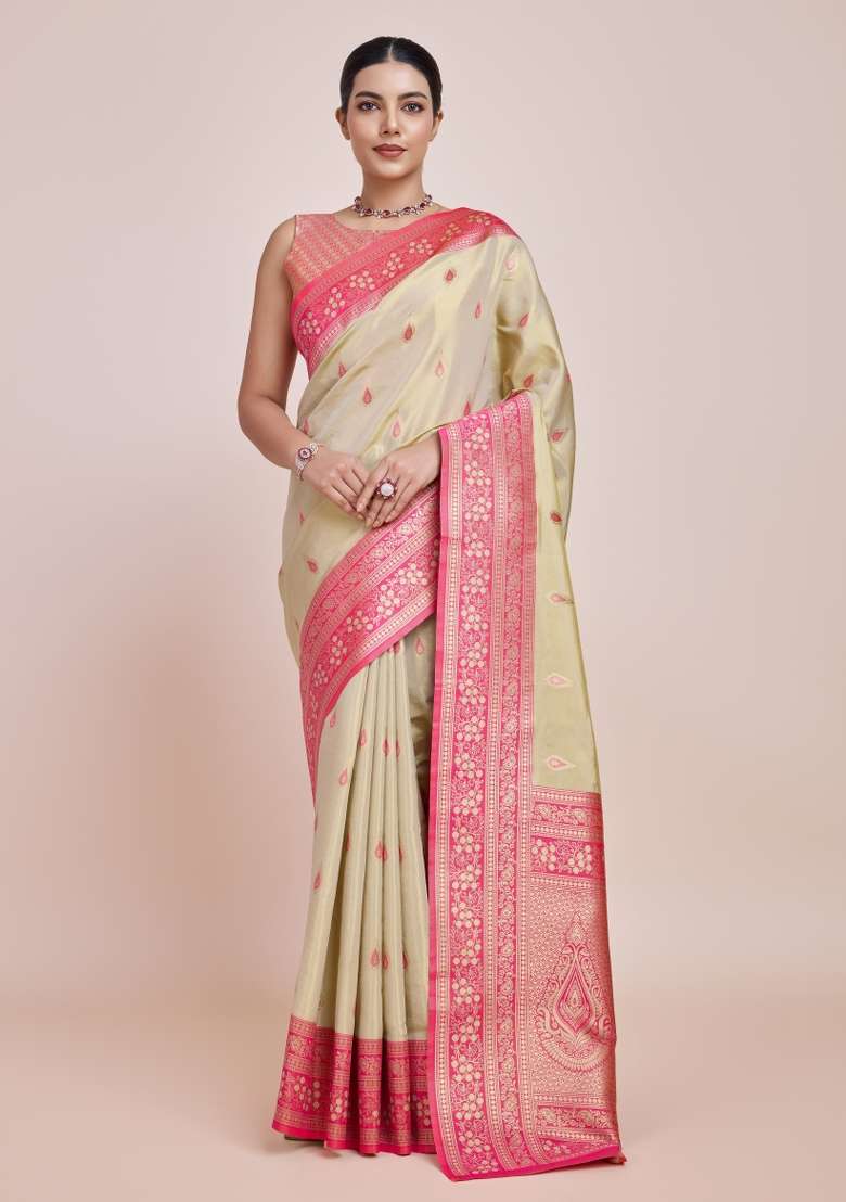 Cream Woven Silk Saree Set for Diwali | Wedding & Festive Wear - Indya
