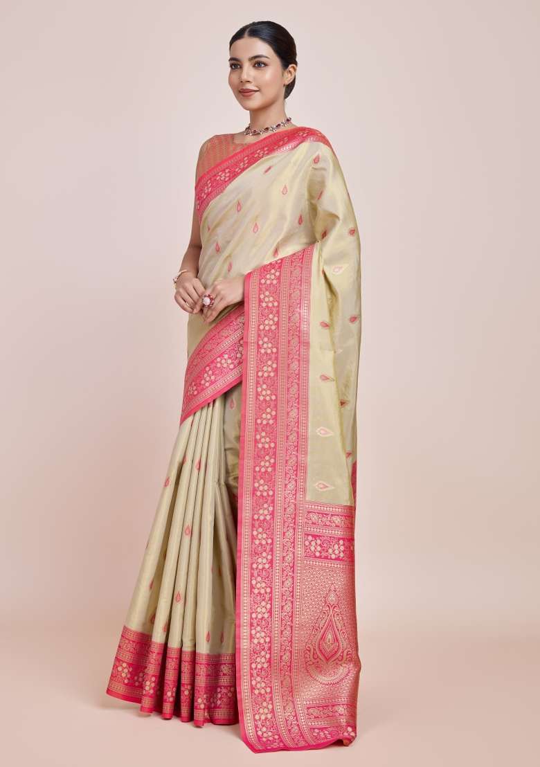 Cream Woven Silk Saree Set for Diwali | Wedding & Festive Wear - Indya